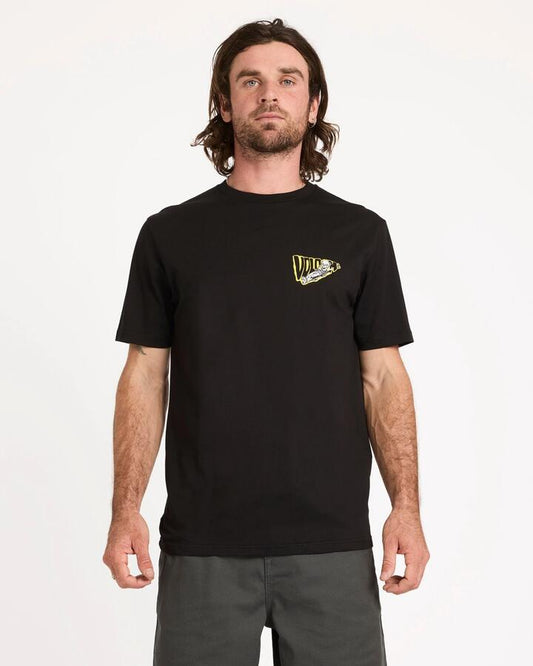 Image of a model wearing Tops. Productname: volcom Mens Alix Coffin T-Shirt Black - in Black colour by brand - Volcom