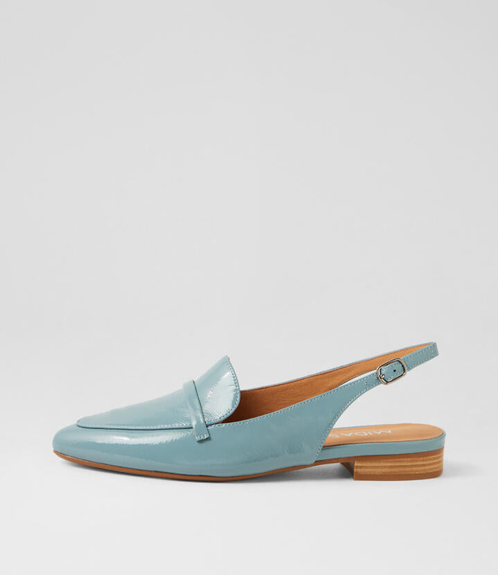Image of Jeans. Product name - Daino Denim Natural Patent Leather Slingbacks in Denim-Natural Heel colour by brand - MIDAS