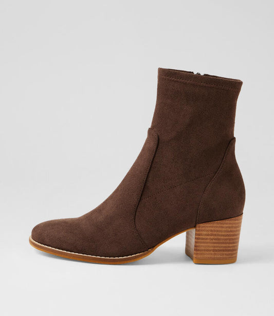 Image of Boots. Productname: Millicent Choc Stretch Microsuede Ankle Boots in Choc colour by brand - MIDAS