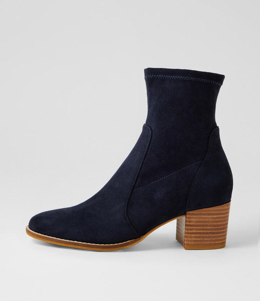 Image of Boots. Productname: Millicent Navy Stretch Microsuede Ankle Boots in Navy colour by brand - MIDAS