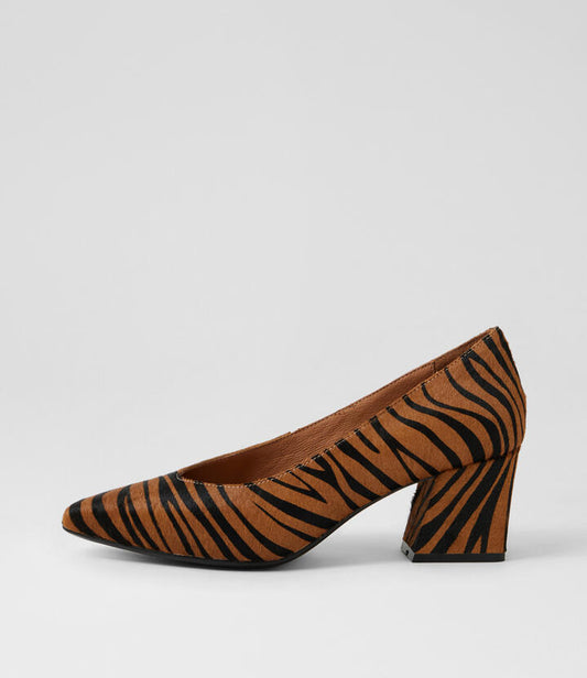 Image of Heels. Productname: Mosko Tan Black Tiger Pony Pump Heels in Tan&Black Tiger colour by brand - MIDAS