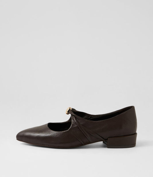 Image of Shoes. Productname: Eloquent Choc Leather Flat Shoes in Choc colour by brand - MIDAS