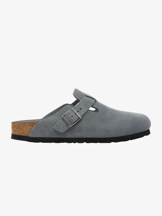 Image of Slippers. Productname: Birkenstock Unisex Boston Soft Tonal Footbed Suede Leather Regular Width in Basalt Grey colour by brand - Birkenstock