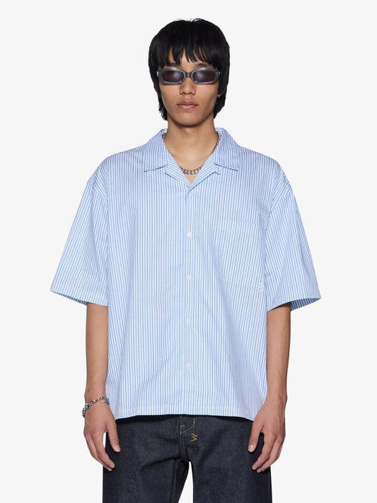 Image of a model wearing Tops. Productname: Ksubi State Diner Short Sleeve Shirt in Ocean Stripe colour by brand - Ksubi