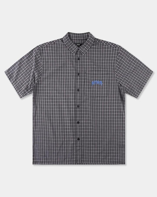 Image of a model wearing Tops. Productname: former Mens Vivian Check Short Sleeve Shirt Worn Black - in Worn Black colour by brand - Former