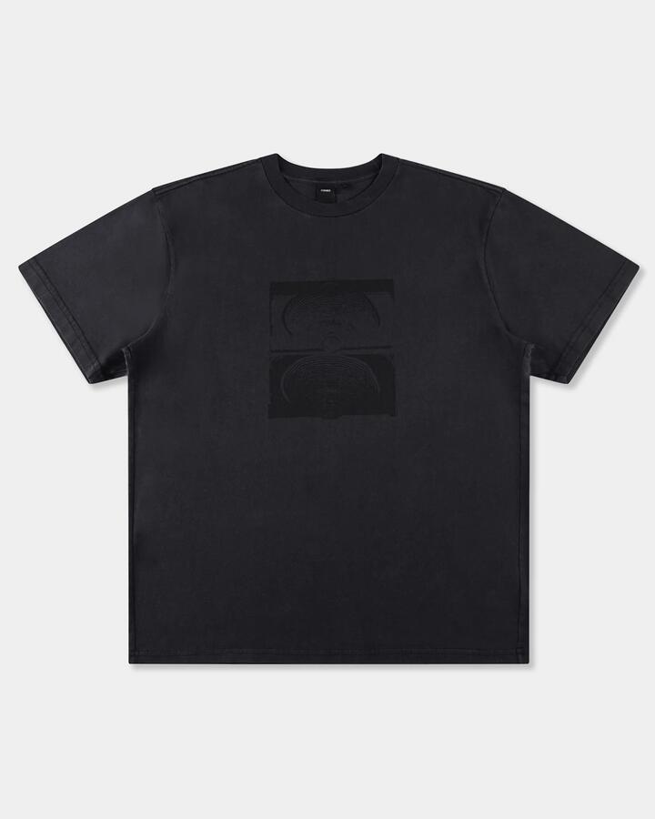 Image of a model wearing Tops. Productname: former Mens Crux Overdye T-Shirt Washed Black - in Washed Black colour by brand - Former