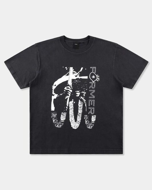 Image of a model wearing Tops. Productname: former Mens Sacrifice Shrunken T-Shirt Washed Black - in Washed Black colour by brand - Former