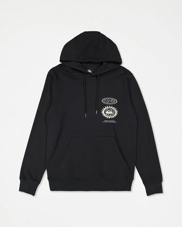 Image of a model wearing Outerwear. Productname: quiksilver Mens Quik Global Pullover Hoodie Black - in Black colour by brand - Quiksilver