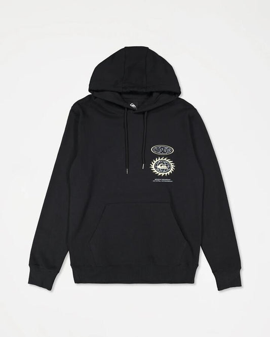 Image of a model wearing Outerwear. Productname: quiksilver Mens Quik Global Pullover Hoodie Black - in Black colour by brand - Quiksilver