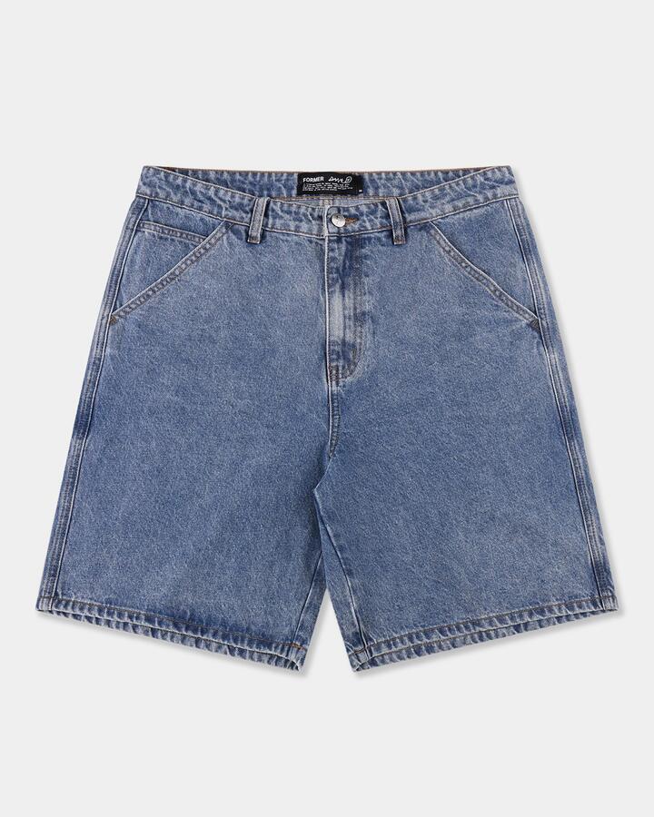 Image of a model wearing Shorts. Productname: former Mens Reynolds 21" Denim Shorts Mid Blue - in Mid Blue colour by brand - Former