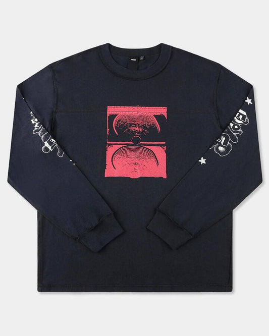 Image of a model wearing Tops. Productname: former Mens Immerse Long Sleeve T-Shirt Black - in Black colour by brand - Former