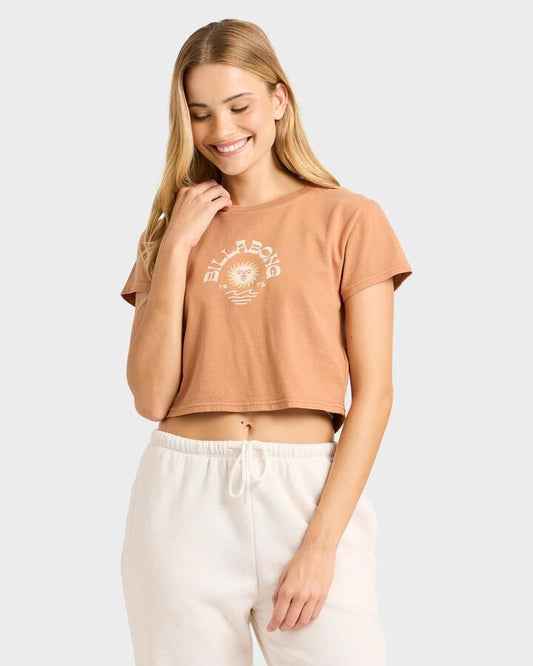 Image of a model wearing Tops. Productname: billabong Womens Sunset Horizons T-Shirt Caramel Cafe - in Caramel Cafe colour by brand - Billabong