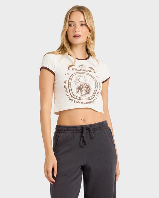 Image of a model wearing Tops. Productname: billabong Womens Getting There T-Shirt Salt Crystal - in Salt Crystal colour by brand - Billabong