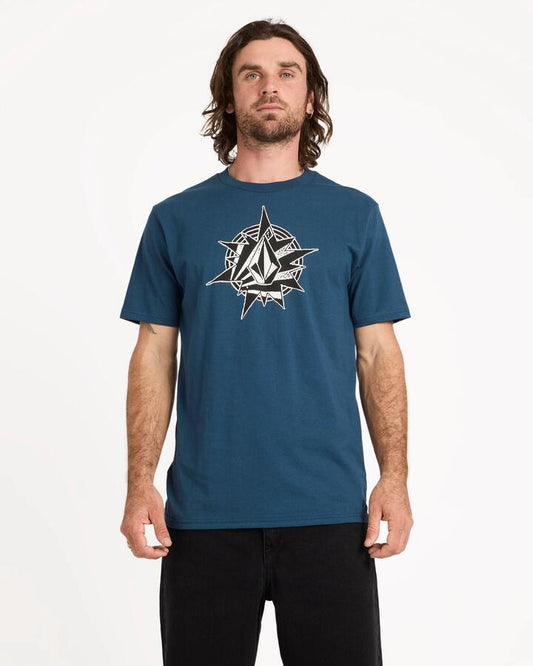 Image of a model wearing Tops. Productname: volcom Mens Yoink T-Shirt Dust Bowl Indigo - in Dust Bowl Indigo colour by brand - Volcom