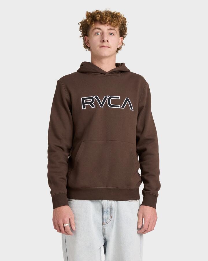 Image of a model wearing Outerwear. Product name - RVCA Mens Rvca Pullover Hoodie Mocha in Mocha colour by brand - RVCA