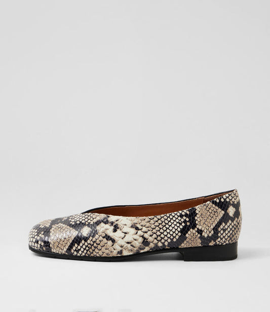 Image of Shoes. Productname: Payday Black White Snake Leather Flat Shoes in Blk&White Snake-Black colour by brand - MIDAS