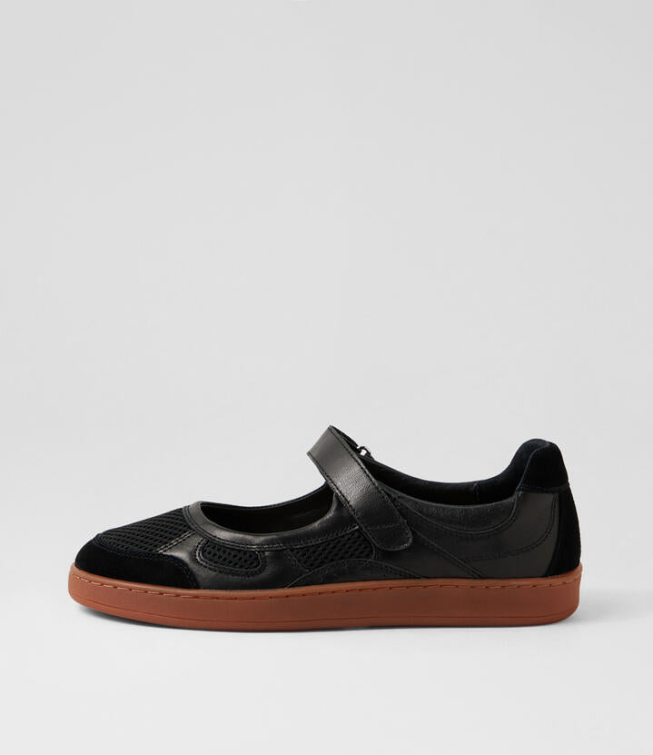 Image of Shoes. Productname: Quesca Black Mesh Leather Flat Shoes in Black colour by brand - MIDAS