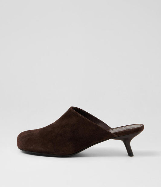 Image of Sandals. Productname: Iknow Dark Choc Suede Mules in Dk Choc colour by brand - MOLLINI