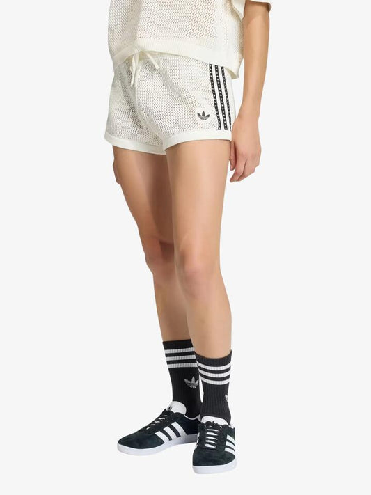 Image of a model wearing Shorts. Productname: Adidas Knitted Crochet Shorts in Off White colour by brand - Adidas