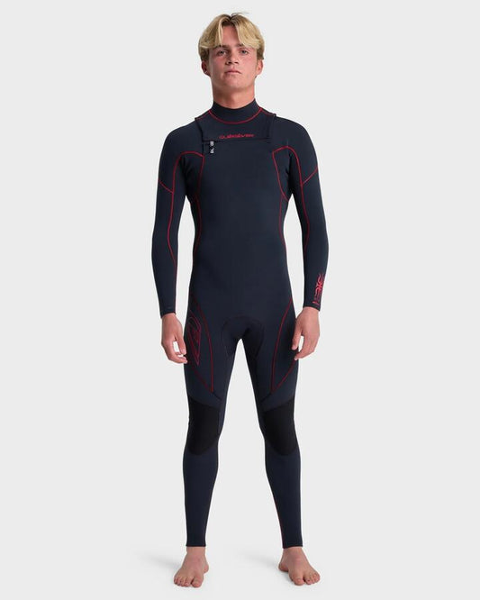 Image of a model wearing Tops. Productname: quiksilver Mens 4/3 Mercury Chest Zip Wetsuit Salsa - in Salsa colour by brand - Quiksilver