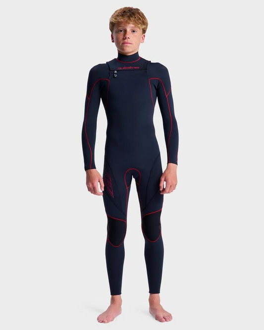 Image of a model wearing Tops. Productname: quiksilver Boys 8-16 3/2 Mercury Chest Zip Wetsuit Salsa - in Salsa colour by brand - Quiksilver