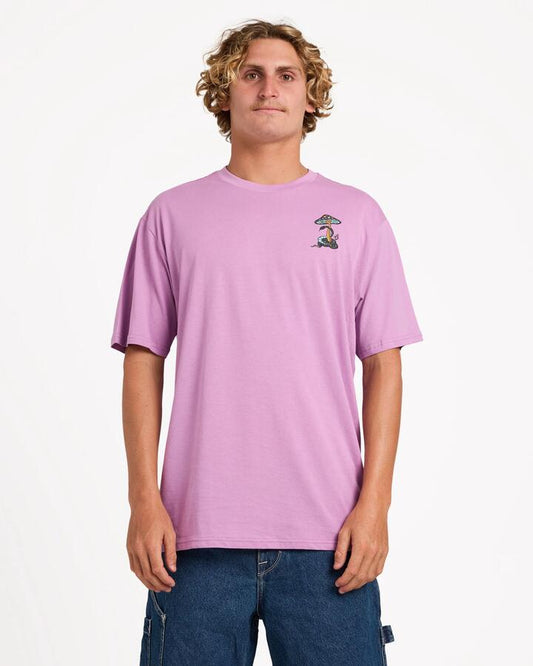 Image of a model wearing Tops. Productname: Volcom Mens Small World T-Shirt Iris Purple - in Iris Purple colour by brand - Volcom