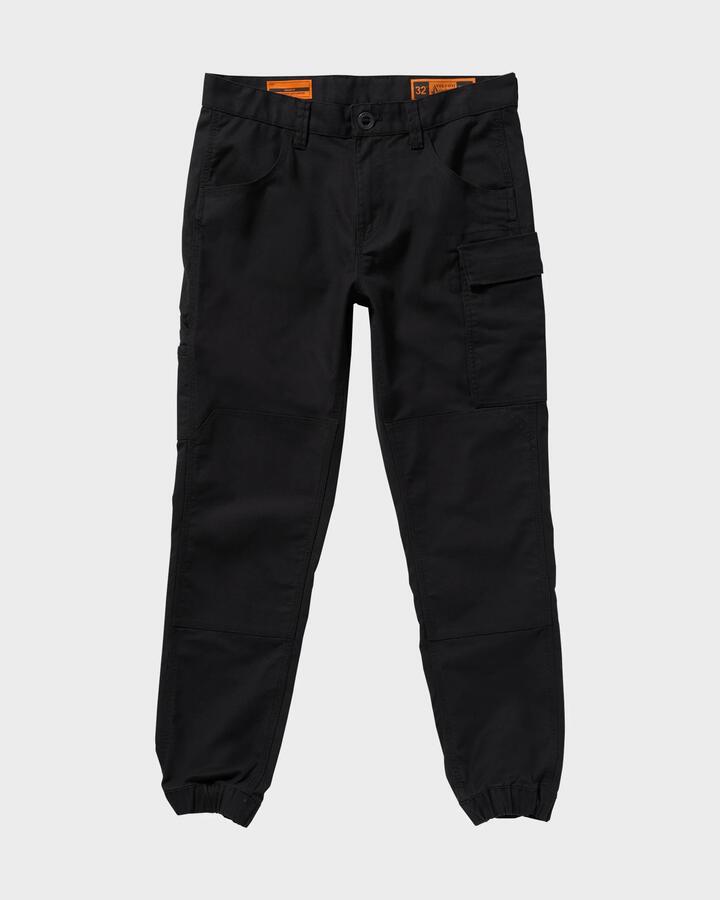 Image of a model wearing Pants. Productname: Volcom Mens Caliper Ii Cuff Carpenter Pants Black - in Black colour by brand - Volcom