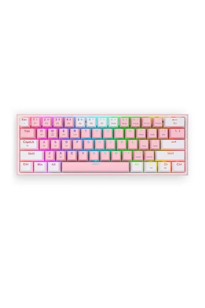 Image of Keyboards. Product name - Redragon K616-RGB Fizz Pro Pink/White 60% Tri-Mode Wireless Mechanical Gaming Keyboard in Pink/White colour by brand - REDRAGON