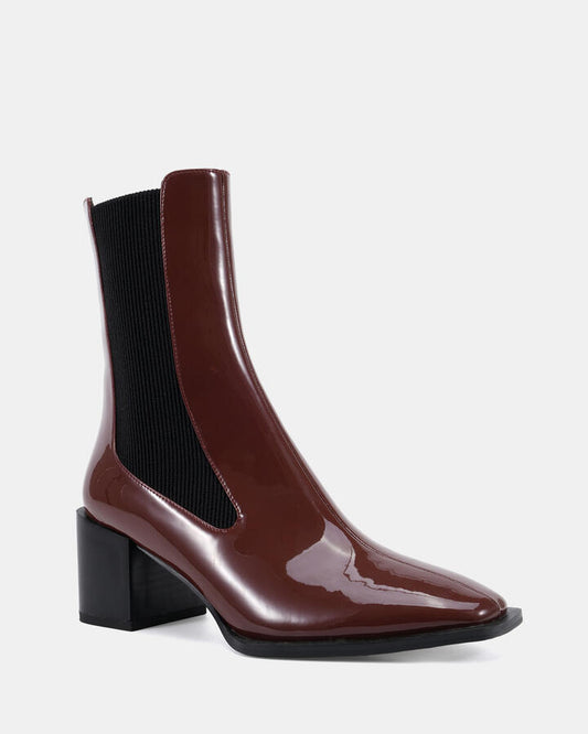 Image of Boots. Productname: Dna: Plum Patent - Women's Boot Low-mid Heel in Plum Patent colour by brand - Novo