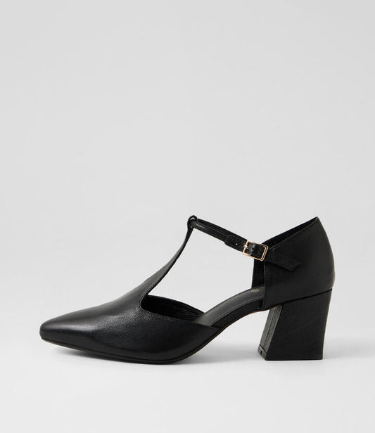 Image of Heels. Productname: Mamamia Black Leather Heels in Black colour by brand - MIDAS