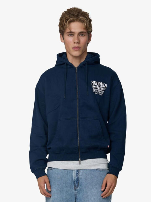Image of a model wearing Outerwear. Productname: S-Double Workshop Fleece Zip Hood in Navy colour by brand - S-Double