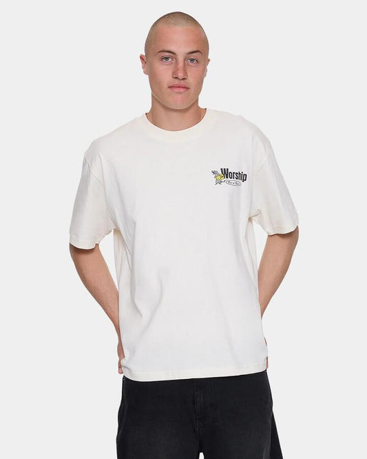 Image of a model wearing Tops. Productname: worship Mens On Leave T-Shirt Zine - in Zine colour by brand - Worship