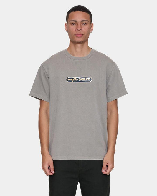 Image of a model wearing Tops. Productname: thrills Mens Paradise Falling Embro T-Shirt Fog - in Fog colour by brand - Thrills