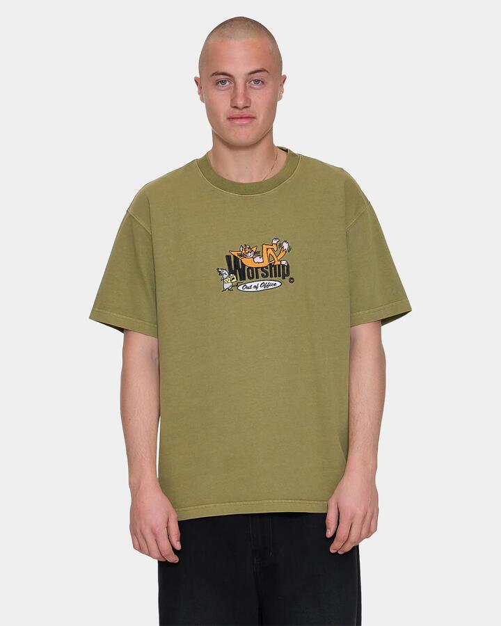 Image of a model wearing Tops. Productname: worship Mens Out Of Office T-Shirt Cali Green - in Cali Green colour by brand - Worship