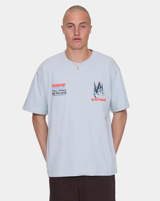 Image of a model wearing Tops. Productname: worship Mens Preparation T-Shirt Lunar Grey - in Lunar Grey colour by brand - Worship