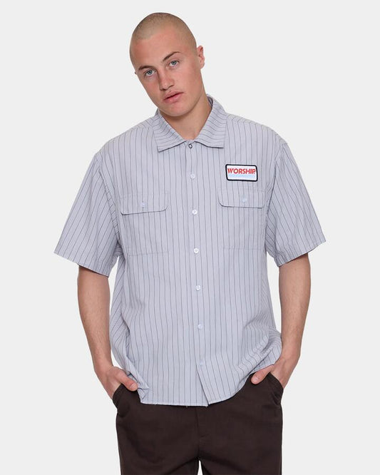 Image of a model wearing Tops. Productname: worship Mens Preparation Short Sleeve Shirt Lunar Grey - in Lunar Grey colour by brand - Worship