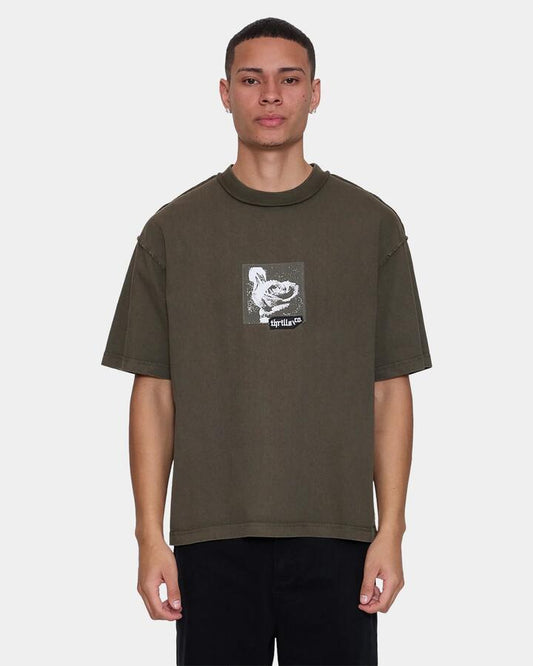 Image of T-Shirts. Product name - Thrills Mens Rose Brigade Oversized Cropped T-Shirt Olive Night in Olive Night colour by brand - Thrills
