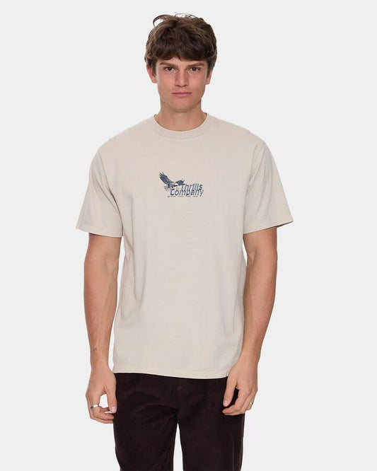Image of a model wearing Tops. Productname: thrills Mens Between Chaos & Calm T-Shirt Oatmeal - in Oatmeal colour by brand - Thrills