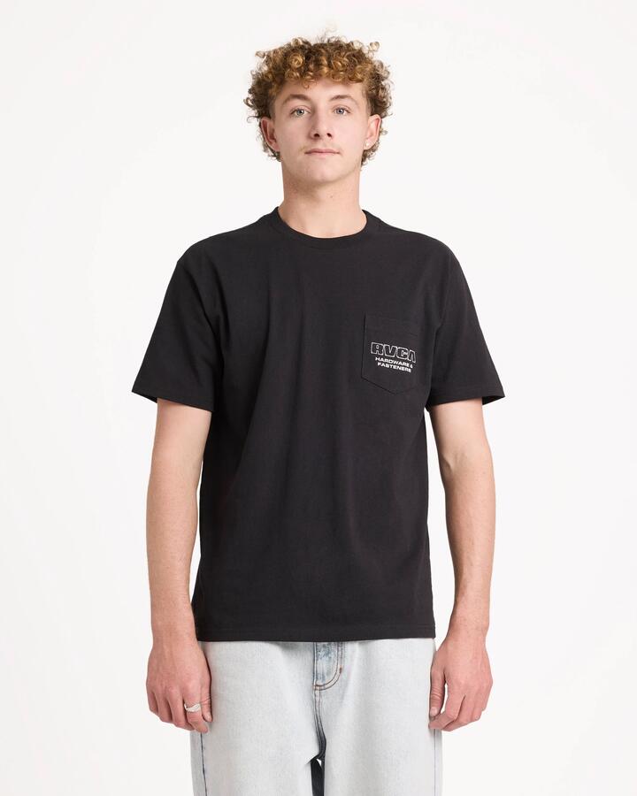 Image of a model wearing Tops. Productname: rvca Mens Rvca Fasteners T-Shirt Black - in Black colour by brand - Rvca