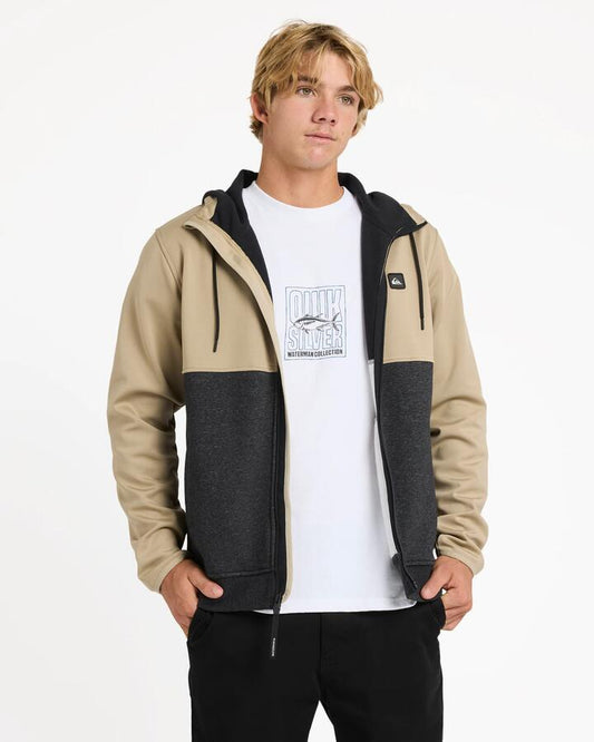 Image of a model wearing Outerwear. Product name - Quiksilver Mens Burnz Zip Up Hoodie Seneca Rock in Seneca Rock colour by brand - Quiksilver