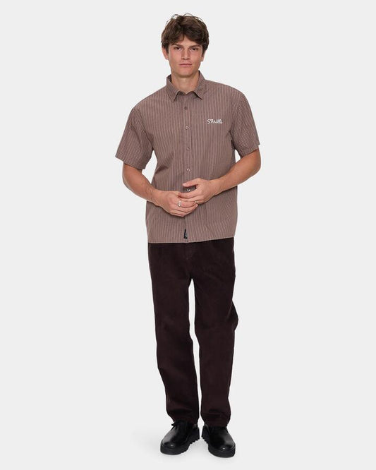 Image of a model wearing Tops. Productname: thrills Mens Deep In The Heart Of Bryon Short Sleeve Shirt Falcon - in Falcon colour by brand - Thrills