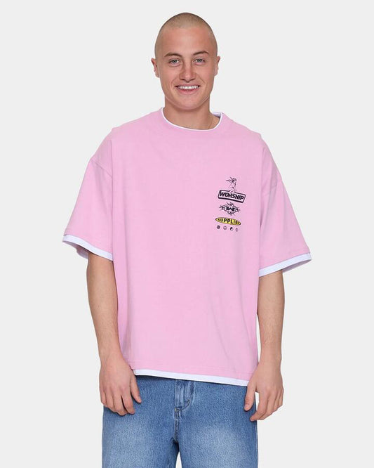 Image of a model wearing Tops. Productname: worship Mens Is This It Cropped Layer T-Shirt Lilac Chiffon - in Lilac Chiffon colour by brand - Worship