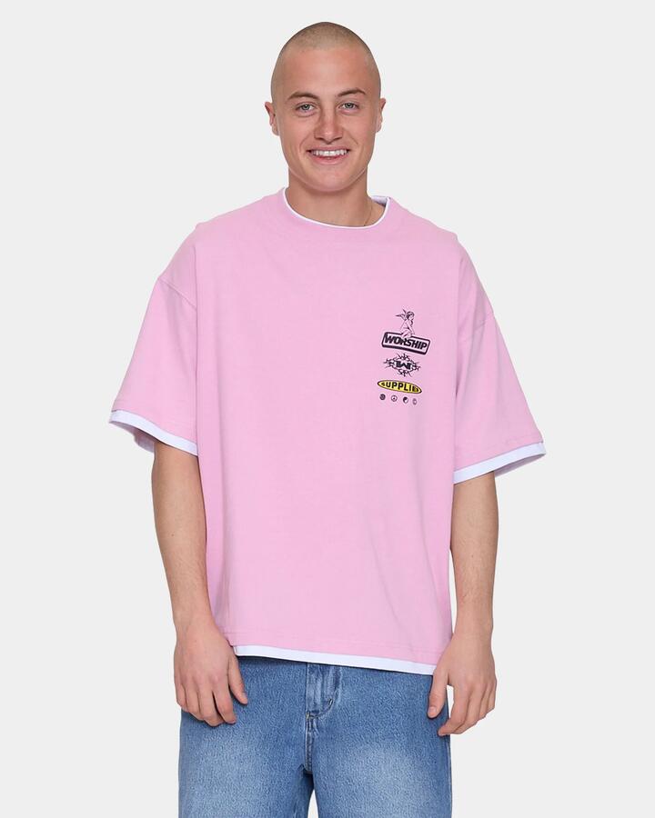 Image of T-Shirts. Productname: Worship Mens Is This It Cropped Layer T-Shirt Lilac Chiffon - in Lilac Chiffon colour by brand - Worship