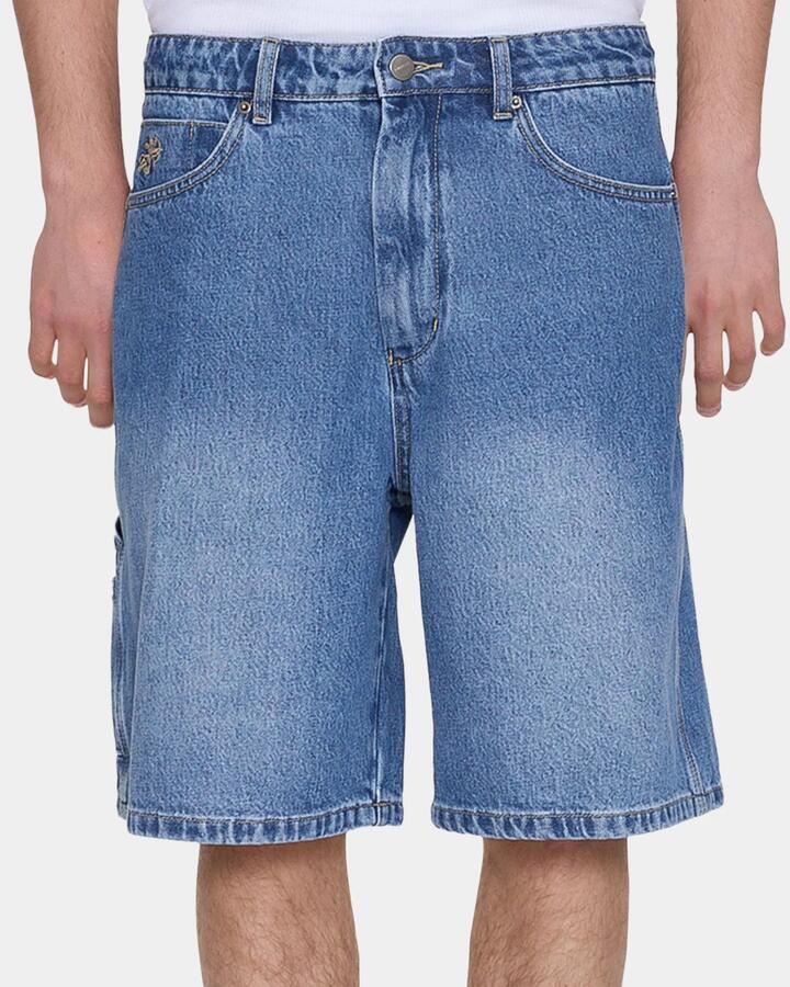 Image of a model wearing Shorts. Productname: worship Mens Is This It Carpenter Denim Shorts Faded Sky High - in Faded Sky High colour by brand - Worship