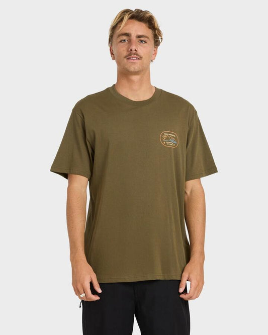 Image of a model wearing Tops. Productname: billabong Mens Andes Adiv Premium Fit T-Shirt Winter Moss - in Winter Moss colour by brand - Billabong