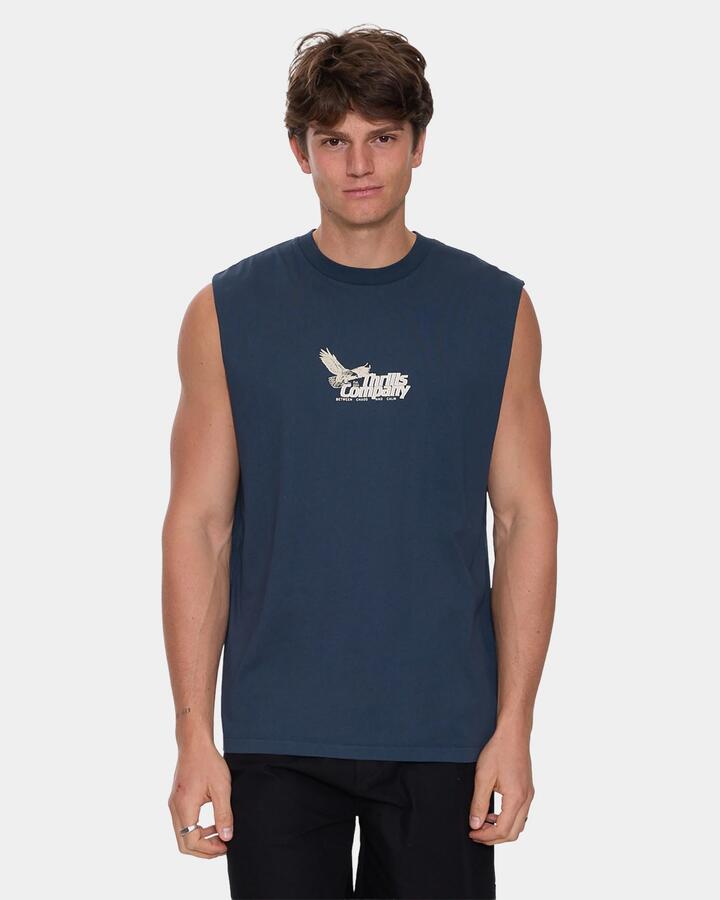 Image of a model wearing Tops. Productname: thrills Mens Between Chaos & Calm Muscle Federal Blue - in Federal Blue colour by brand - Thrills