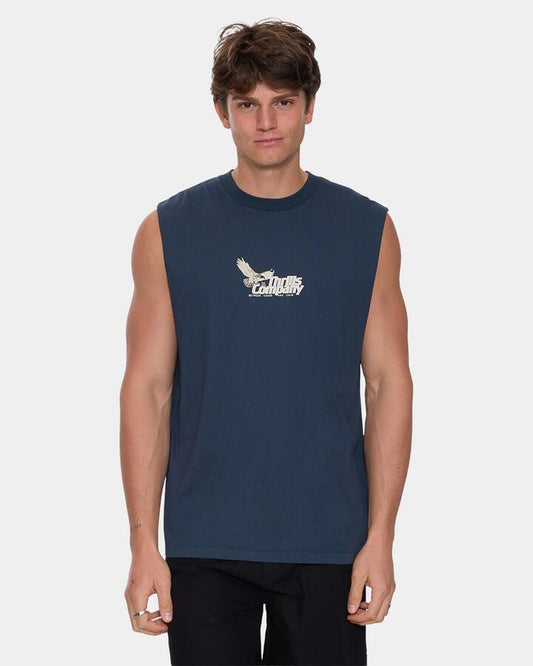 Image of a model wearing Tops. Productname: thrills Mens Between Chaos & Calm Muscle Federal Blue - in Federal Blue colour by brand - Thrills