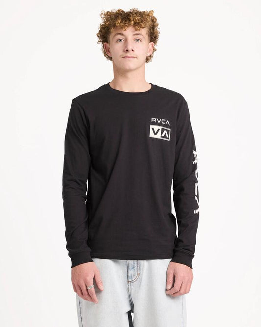 Image of a model wearing Tops. Product name - RVCA Mens Big Rvca Glitch Long Sleeve T-Shirt Black in Black colour by brand - RVCA
