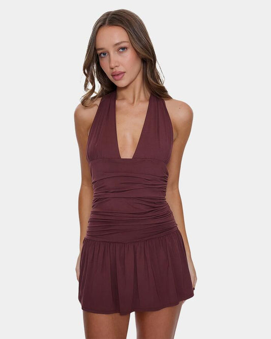 Image of a model wearing Tops. Productname: thrills Womens Tommie Halter Mini Dress Bitter Chocolate - in Bitter Chocolate colour by brand - Thrills