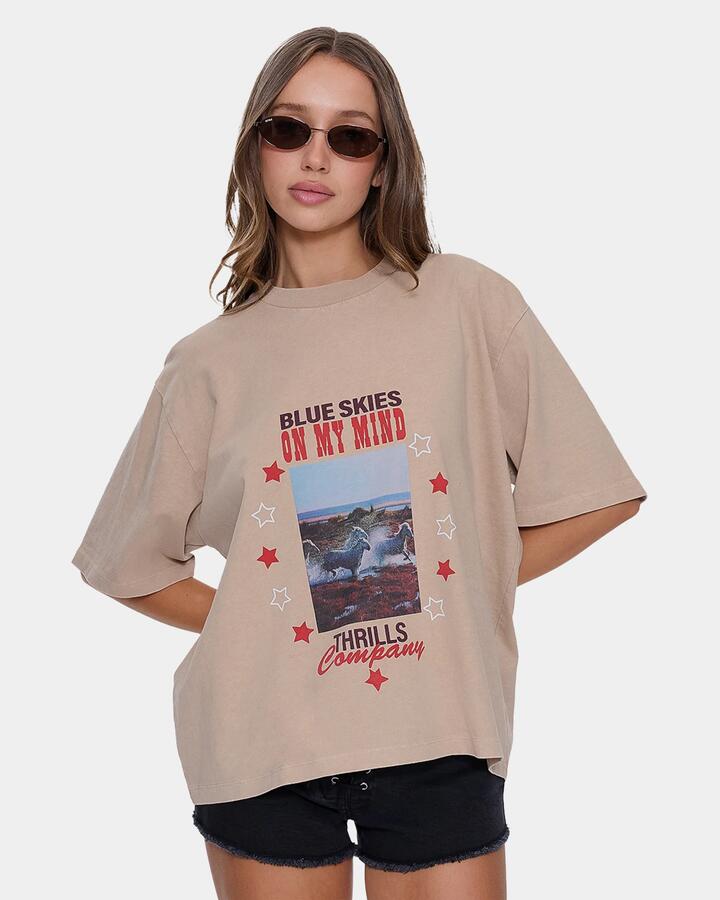 Image of T-Shirts. Productname: thrills Womens On My Mind Square T-Shirt Stone - in Stone colour by brand - Thrills